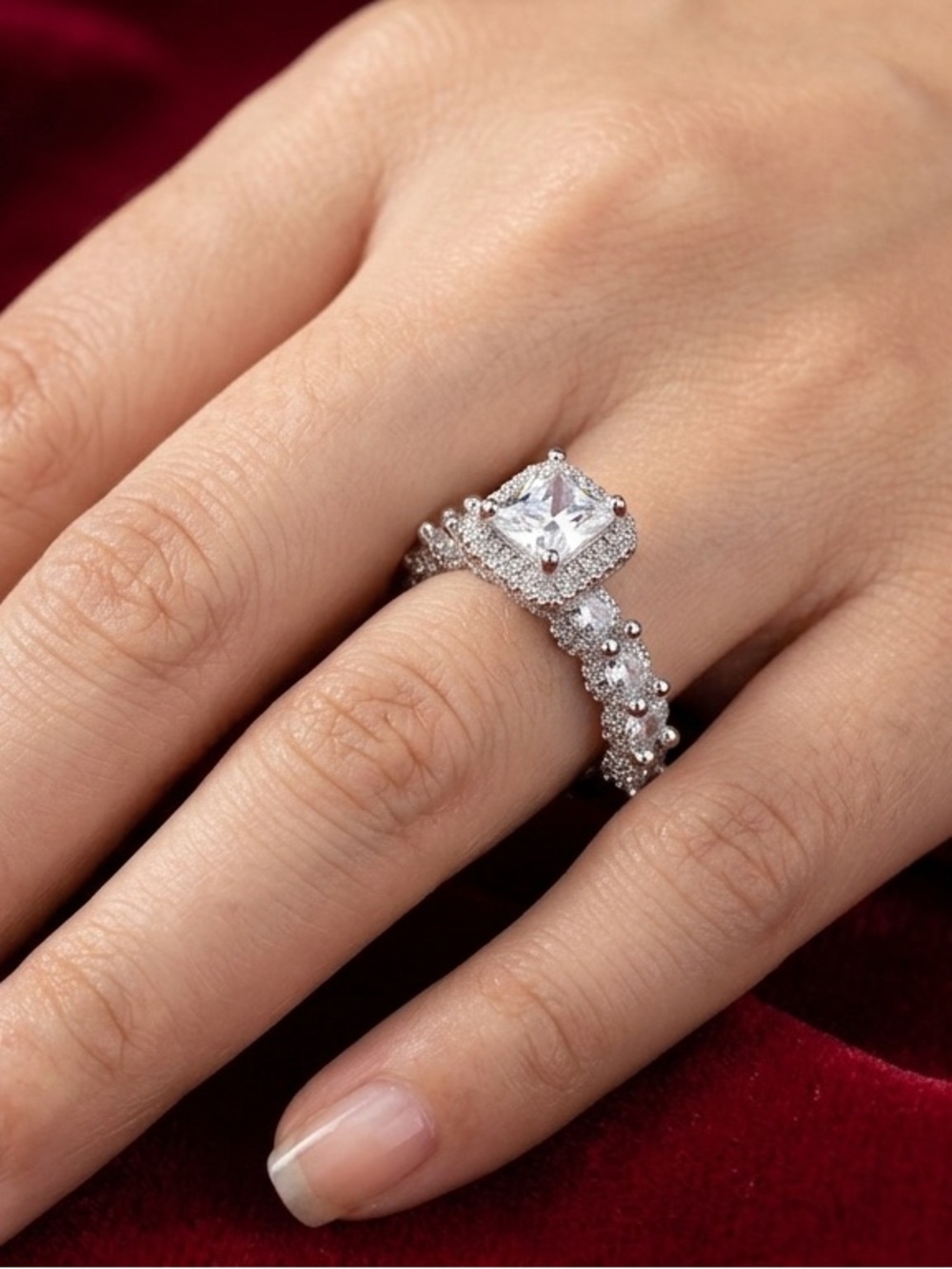 Square Cut Silver Halo CZ Engagement Ring in White